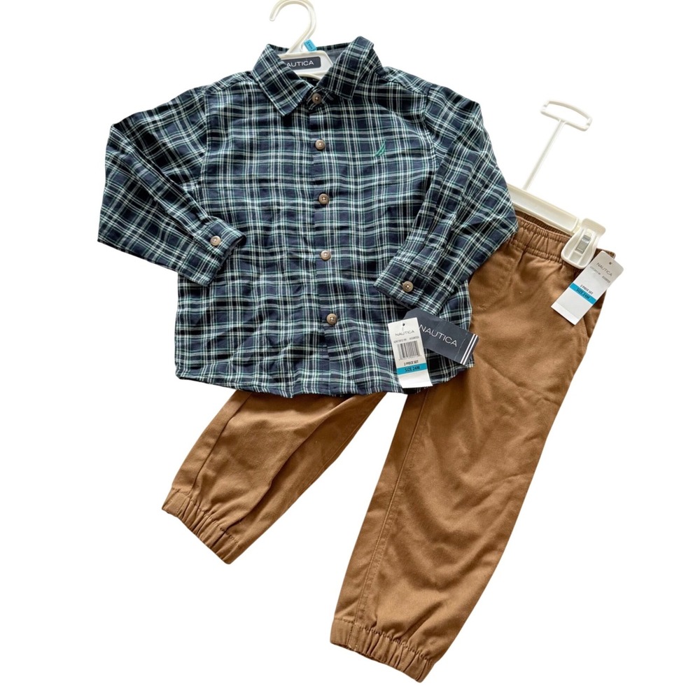 Nautica 2-Piece Set Toddler 24M Green Plaid Shirt Khaki Jogger Pants 62H72012-99